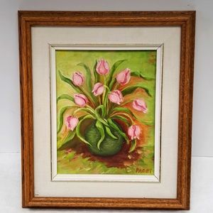 Artist signed framed still life oil painting of pink tulips in a vase